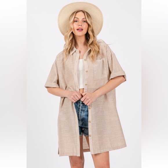 28 Boho Contrast Striped Button Down Shirt Dress - Picture 1 of 6